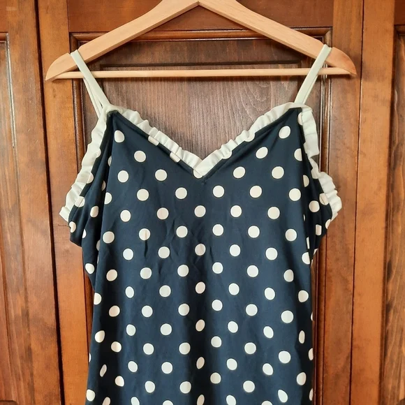 Bettie Page Retro Polka Dot Ruffle Trim One Piece Swim Dress Navy Blue Size 16W - Picture 4 of 16